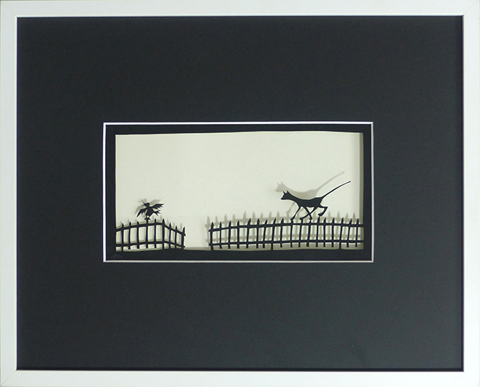 Katze und Vogel auf dem Zaun, 2013
